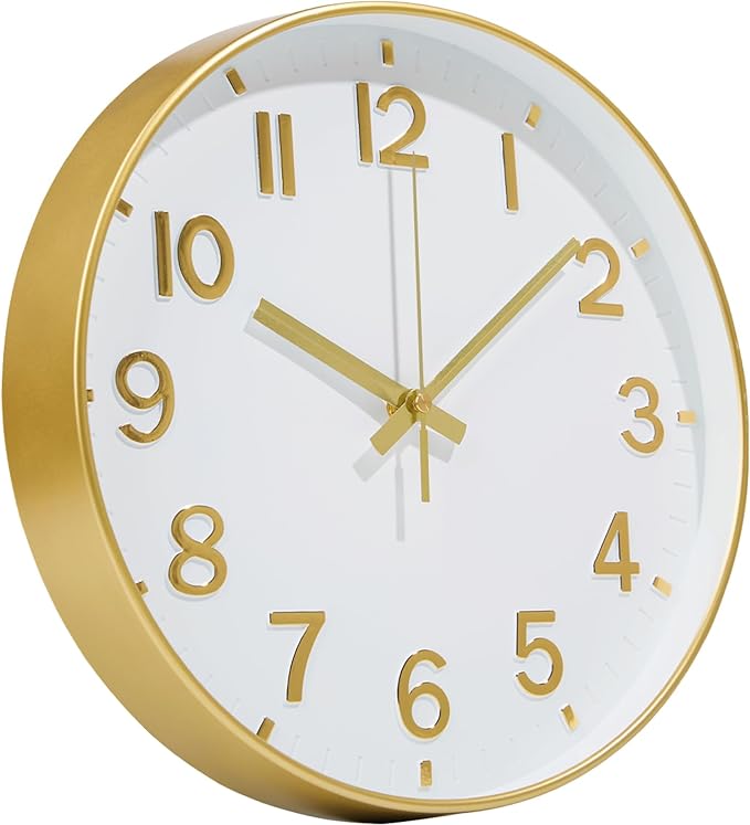 Gold Wall Clock, 8 Inch Wall Clocks Battery Operated, Round Modern Non Ticking