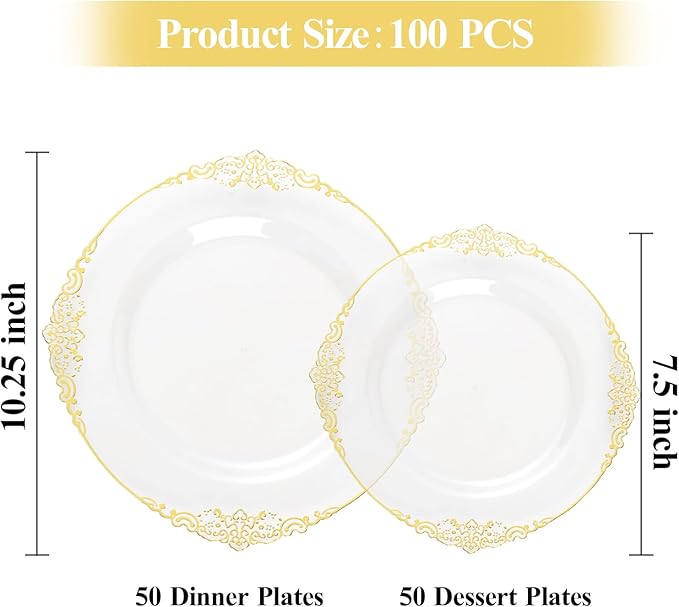 100 PCS Clear and Gold Plastic Plates for 50 Guests, Clear Disposable Plates Include 50 PCS Dinner Plates, 50 PCS Dessert Plates for Party, Wedding and Graduation