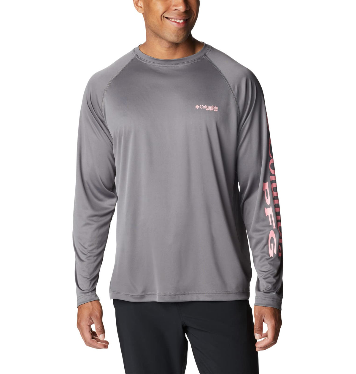 Columbia Men's Terminal Tackle Long Sleeve Shirt, City Grey/Pink Pop Logo, Large Tall