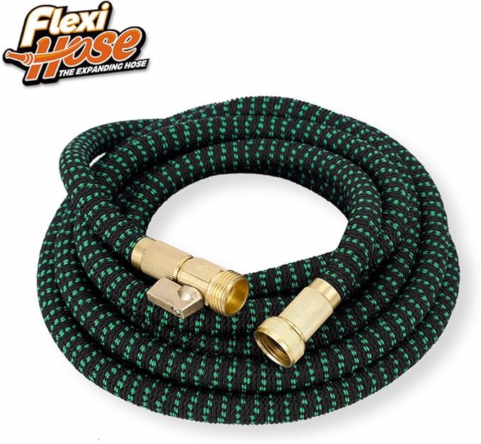 Flexi Hose with 8 Function Nozzle, 25FT - Lightweight Expandable Garden Hose, No-Kink Flexibility, 3/4 Inch Solid Brass Fittings and Double Latex Core - Black and Green