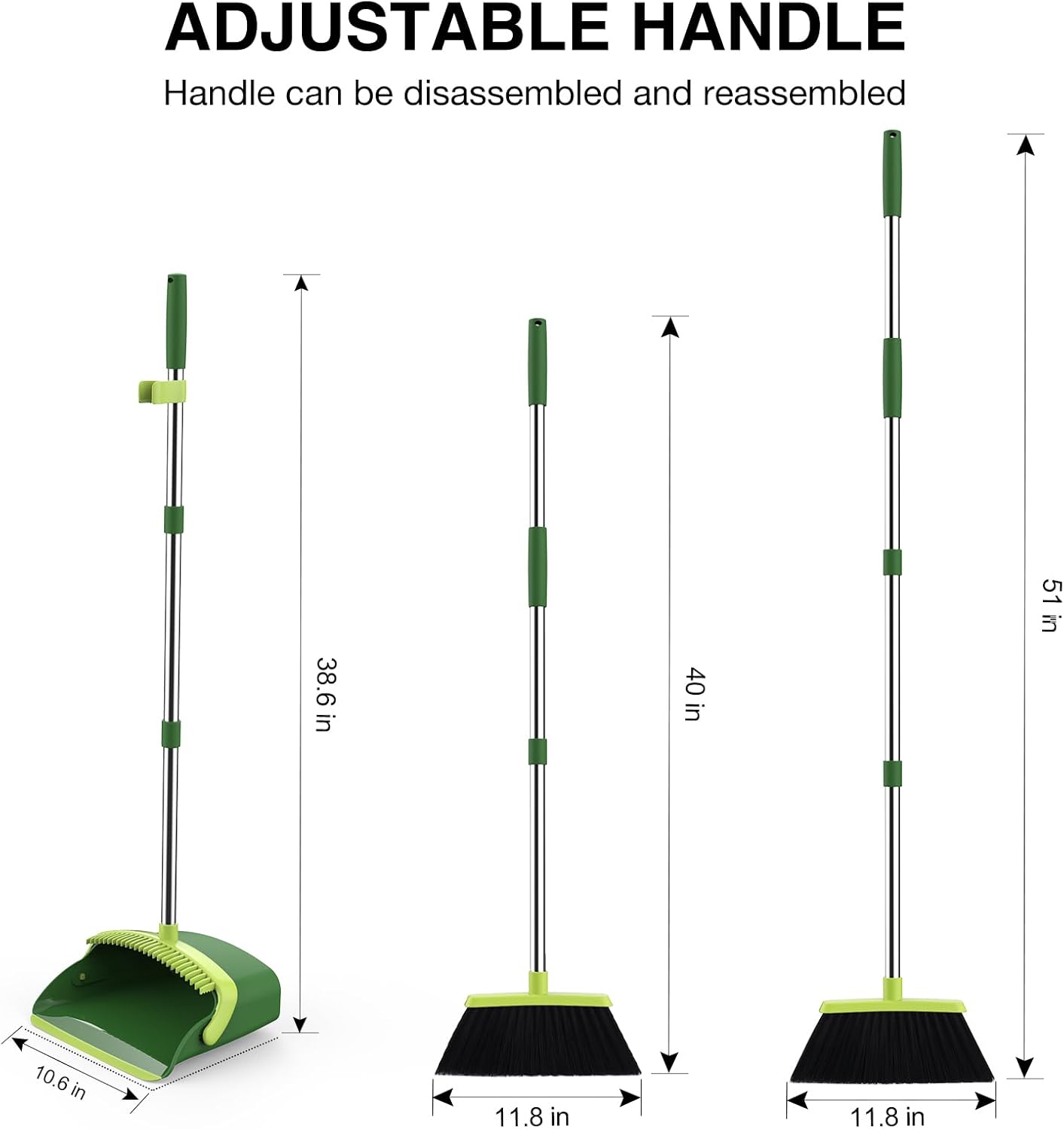 Broom and Dustpan Set, 52-in Long Adjustable Handle Broom Dustpan Combo with Dust pan Teeth to Automatically Clean Hair Suitable for Home Kitchen Office Hall Floor（Green）
