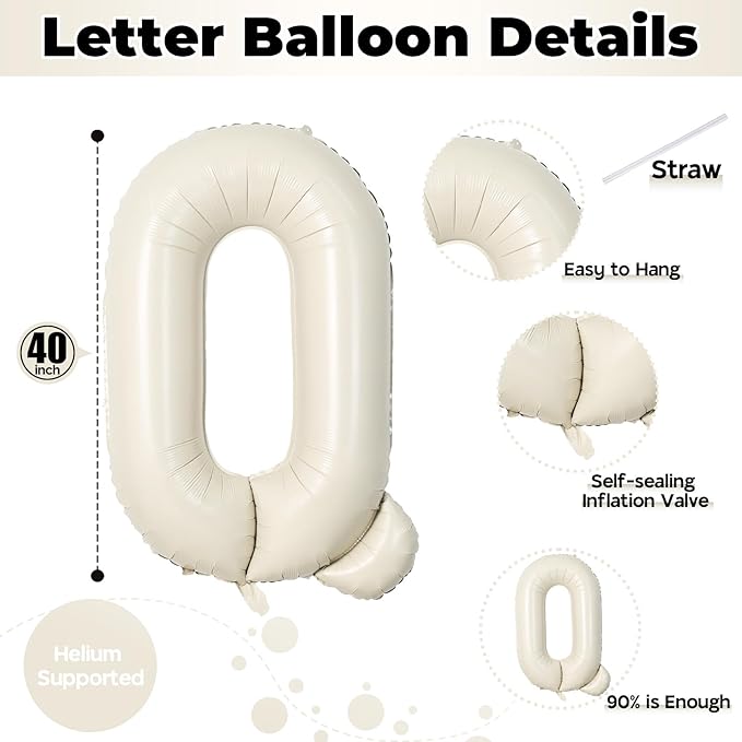 Cream Q 40 Inch Alphabet Foil Name Balloon - Large Self Inflating Letter for Girls Birthday Party, Baby Shower Decoration - White Sand Mylar Helium Custom Beige