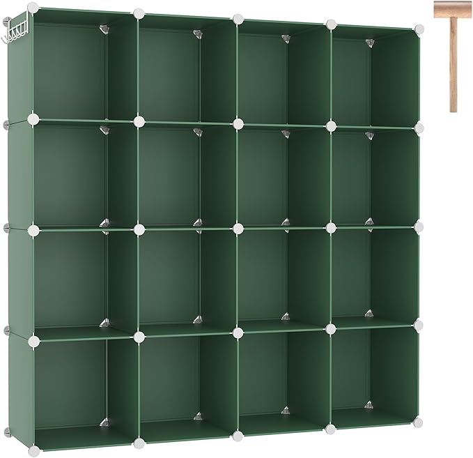 C&AHOME Cube Storage Organizer, 16-Cube Shelves Units, Plastic Storage Cubes, DIY Closet Organizer, Modular Closet Storage Shelves Ideal for Home, Bedroom, 48.4" L × 12.4" W × 48.4" H Green UPCS16GN