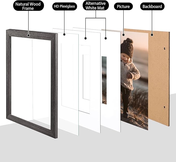 KINLINK 8x10 Picture Frame Ash Black, Solid Wood Frames with Acrylic Plexiglass for Pictures 4x6/5x7 with Mat or 8x10 without Mat, Tabletop and Wall Display Photo Frame, Set of 4