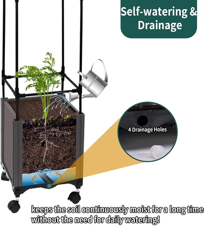Tomato Planter with Trellis, 62" H Rolling Planter Box with Wheels & Water Reservoir, Self-Watering Raised Garden Bed for Climbing Plants, Tomato, Potato, Vegetables, Chili