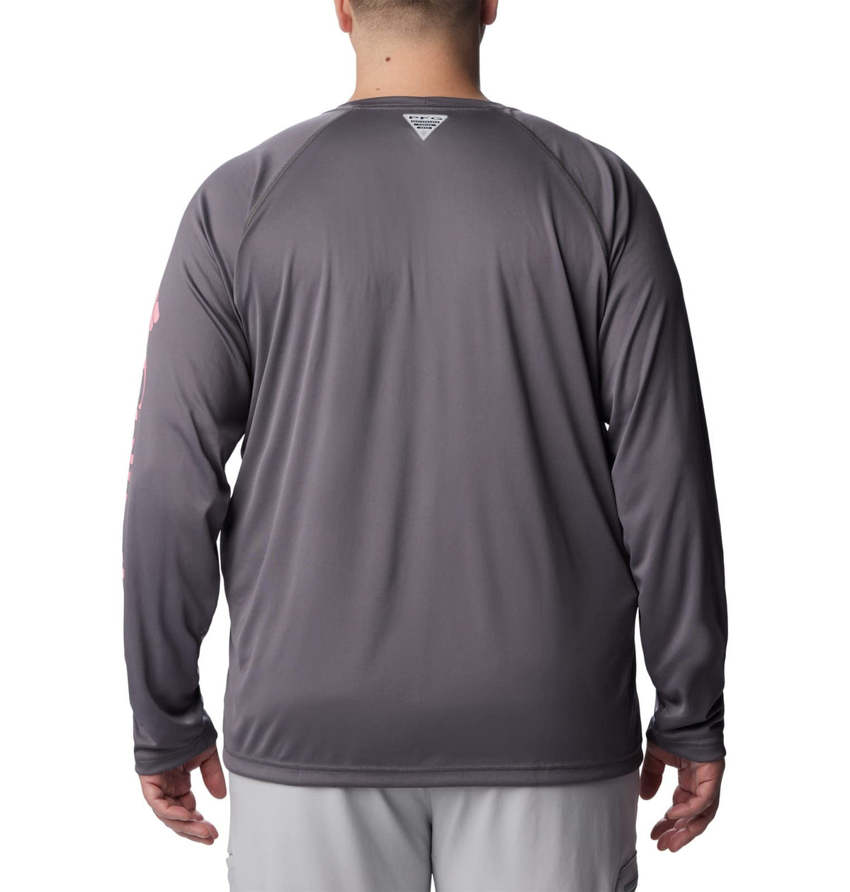 Columbia Men's Terminal Tackle Long Sleeve Shirt, City Grey/Pink Pop Logo, Large Tall