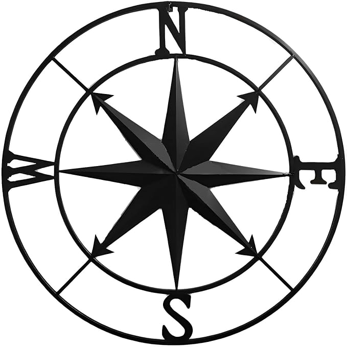 Nightclawing Nautical Compass Wall Decor, Coastal Nautical Beach Decor, Porch Patio Travel Adventure Wall Hanging, 41" (Black)