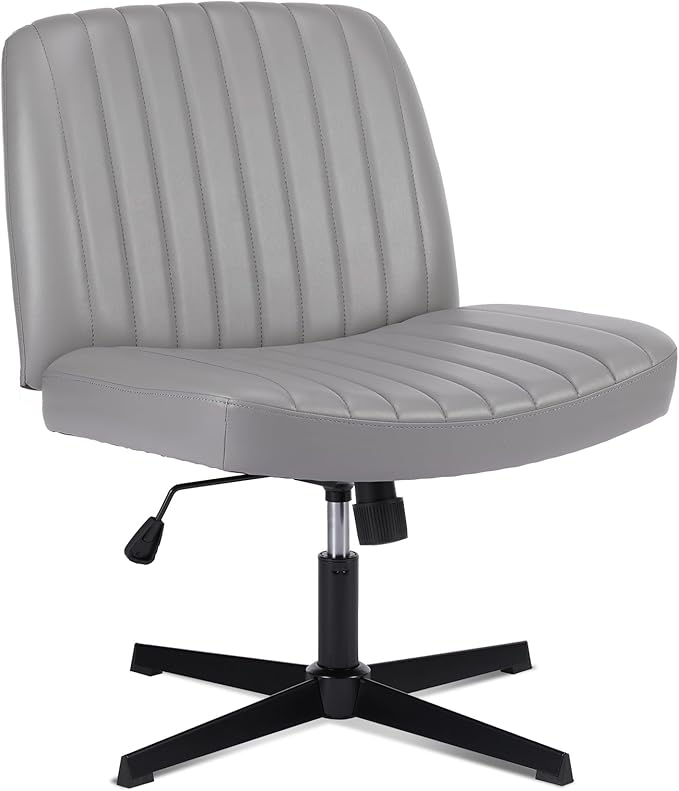 OLIXIS Criss Cross Legged Chairs Armless No Wheels Wide Seat Height Adjustable Swivel Padded PU Leather Home Office Desk Chair for Bedroom, Student, Study Room,Grey