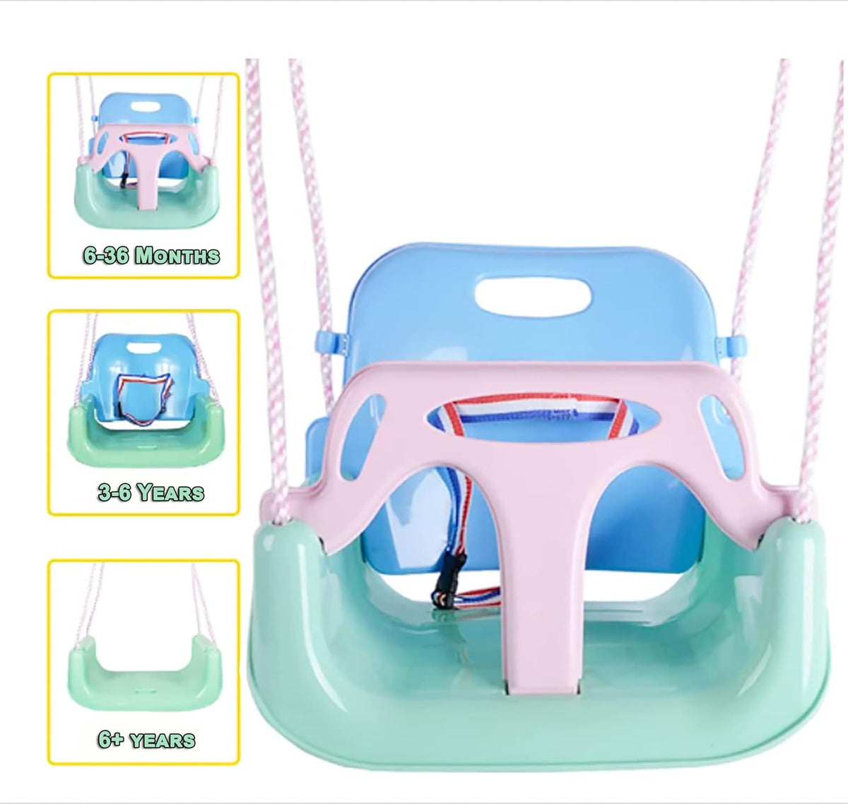 Skiennix 3-in-1 Swing - Anti-Flip Design for Toddlers to Teenagers | Macarons Color, Light Green Chair & Pink Handrail
