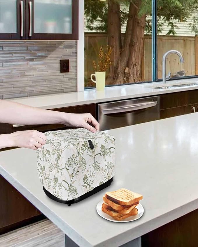 Toaster Cover 2 Slice Sage Green Leaves Toaster Oven Cover with Pockets Fruit Floral Plant Dustproof Bakeware Protector Small Kitchen Appliance Dust Covers and Fingerprint Protection for Women
