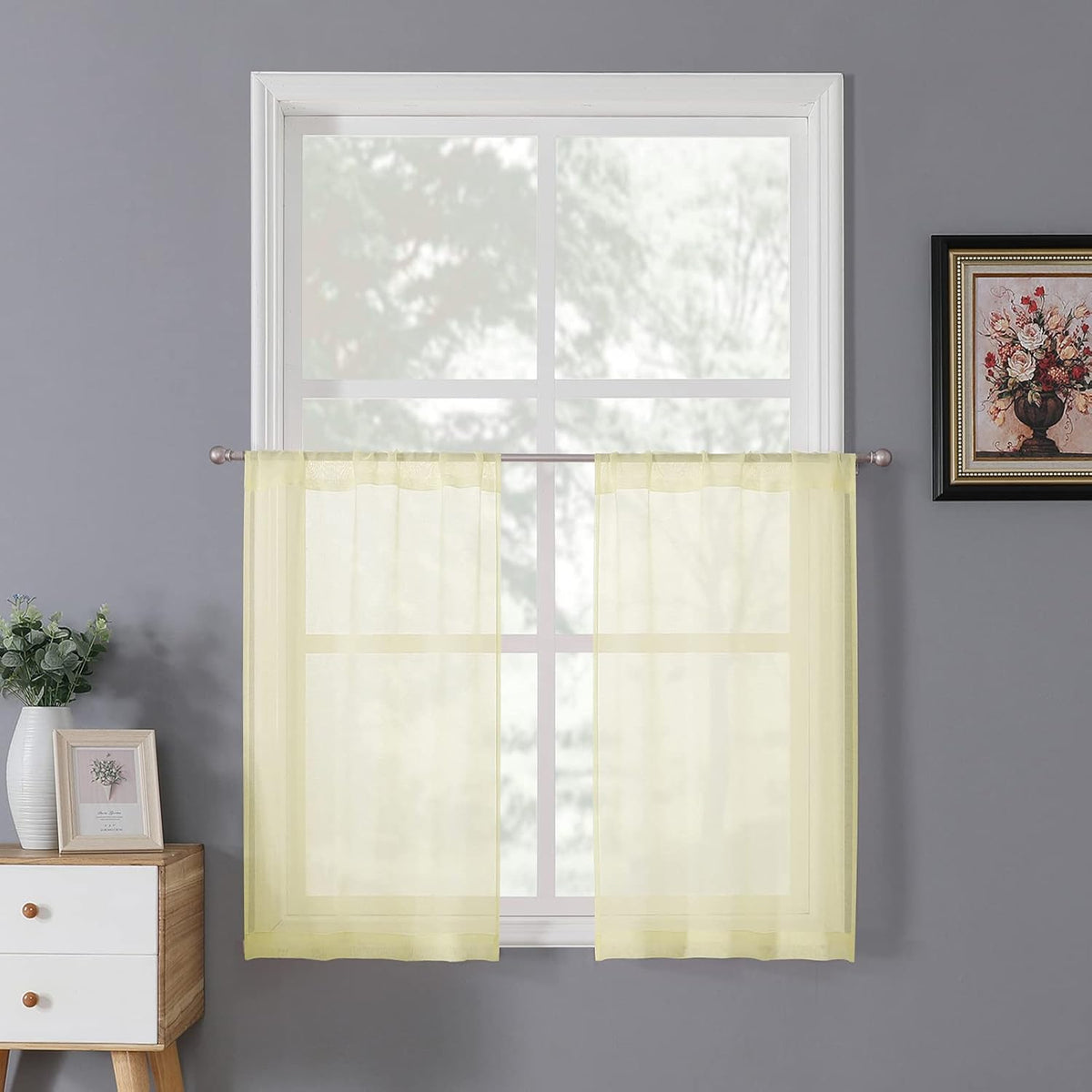 Tollpiz Sheer Tier Curtain Linen Textured Half Kitchen Curtains Sheer Light Filtering Rod Pocket Voile Small Curtains for Bathroom, 25 x 36 inches Long, Transparent Yellow, Set of 2 Panels
