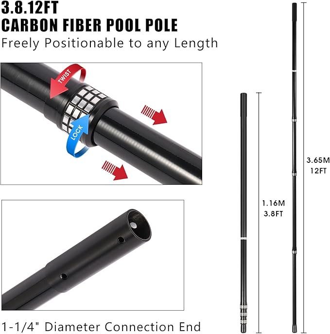 Carbon fiber pool pole, 4-section telescopic 12 foot, lightweight and easy to grip adjustable cleaning pole, used for pool cleaning, connected to fishing net, rake, brush, vacuum head cleaning (12FT)
