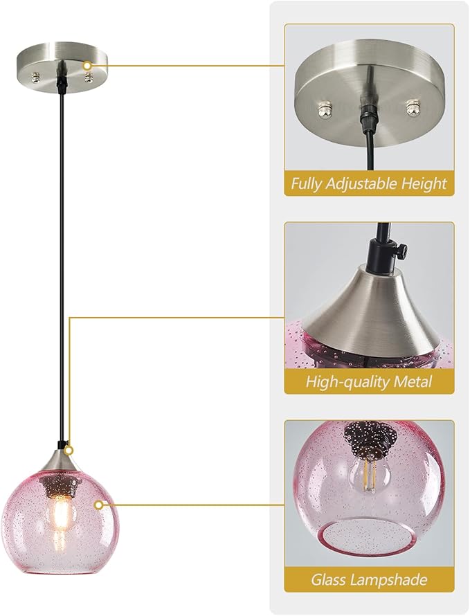 Pink Glass Pendant Lights Kitchen Island Globe Pendant Light Fixtures Modern Pendant Lighting for Bedroom Living Dining Room Light Fixture (5.9 in, 1 Pack)