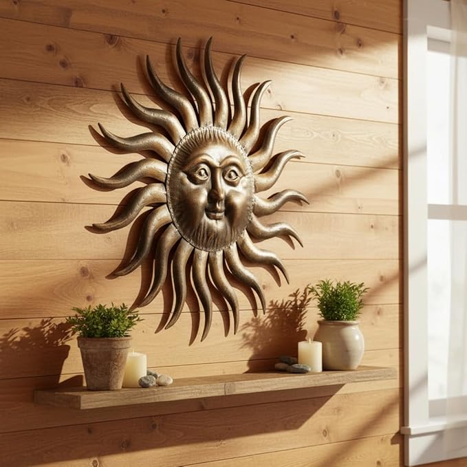 Comfy Hour 31" Sun Wall Decor, Large Metal Sun Wall Art for Outdoor Patio and Indoor Living Room, 3D Decorative Sunface Sculpture for Fence House and Yard, Artisan Crafted Iron Accent, Bronze Finish