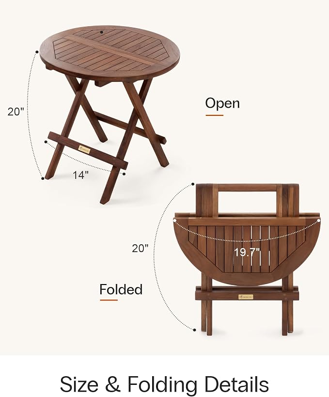 StrongTek Teak Folding Side Table, Solid Teak Wood Outdoor Patio Accent Table, Foldable Round Balcony Table for Small Spaces, 20" Diameter x 20" H, Easy to Store