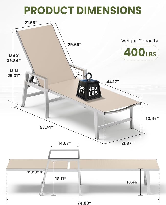 Vexwalx Patio Chaise Lounge Chair Outdoor with Wheels&Armrests, Aluminum Pool Lounge Chairs 5-Position Adjustable Recliner, Outdoor Beach Lounge Chairs for Poolside, Patio, Deck, Yard, Khaki