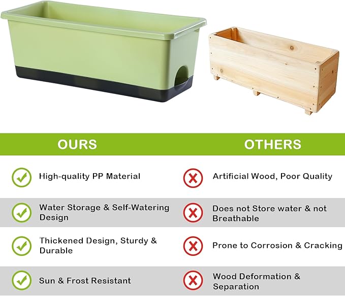 Oliz Window Box Planter 8 Pcs, 17 Inches Rectangle Flower Pots with Drainage Holes & Trays, Vegetable Planters for Windowsill Patio Garden Balcony Home Indoor Outdoor (Light Green, 16 * 7 * 6 inch)