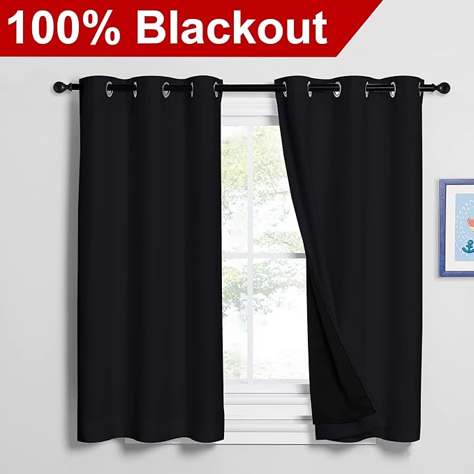NICETOWN Black Out Curtains 54 inches Length Set of 2, 2 Thick Layers
