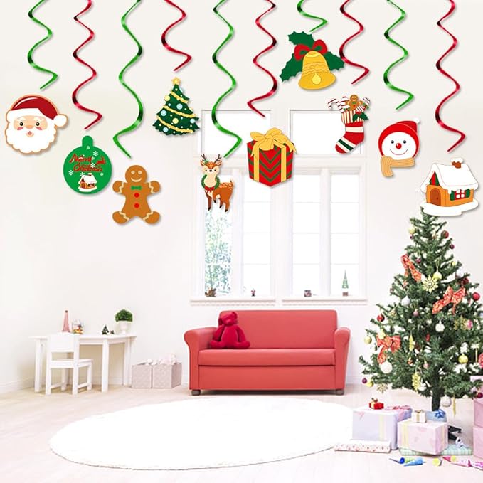 Merry-Christmas Ceiling Hanging Foil-Swirl Decorations - 20pcs Red Green Tree Socks Snowman Santa Claus Elk Gifts Streamers Garland, Fireplace Window Room Indoor Holiday Party Supplies Hugtmr