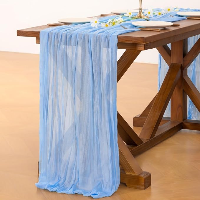 Socomi 6pcs Blue Fall Thanksgiving Cheesecloth Table Runner Boho Rustic Gauze 120 inch 10FT Cheese Cloth Runner for Wedding Party Baby Shower Birthday Home Decor Holiday Decorations