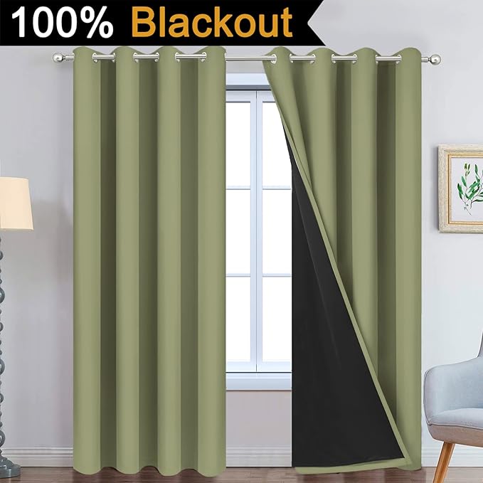 Yakamok Full Blackout Curtains 96 Inches Long, 2 Thick Layers Grommet Top