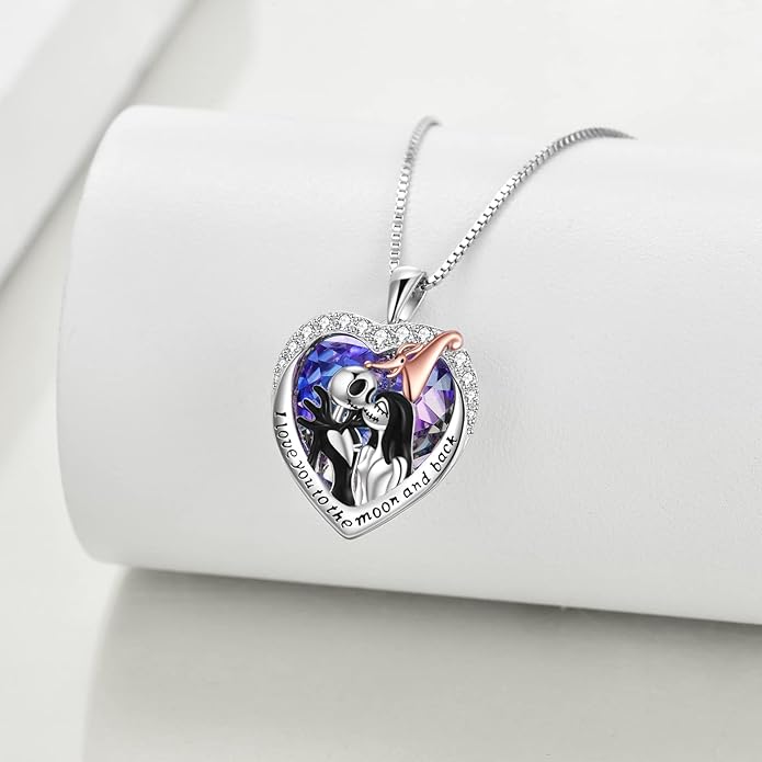 LILALO Christmas Gifts Nightmare Necklace Sterling Silver Abalone Shell Crystal Jack and Sally Necklace Jack Skellington Skull Jewelry Skull Necklaces for Women
