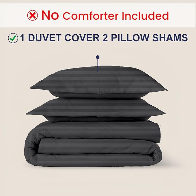 Kotton Culture 3 Pc King Size Duvet Cover Set- 100% Egyptian Cotton Sateen 600 Thread Count Ultra Soft Premium Durable Comforter Cover Zipper Closure & Corner Ties (Striped Dark Grey, King 102"x94")
