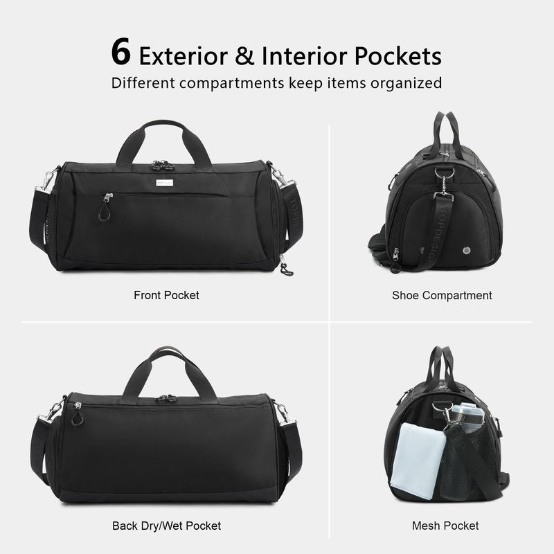 TOPDesign Gym Bag for Women & Men, Unisex Duffel Bag with Shoe Compartment & Wet Pocket for Travel Sports Gym (M Black)