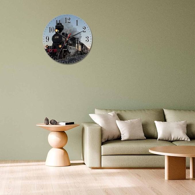 Mxocom Morning Train Wall Clock Old Steam Train Smoke Rairoad Sunrise 10 Inch