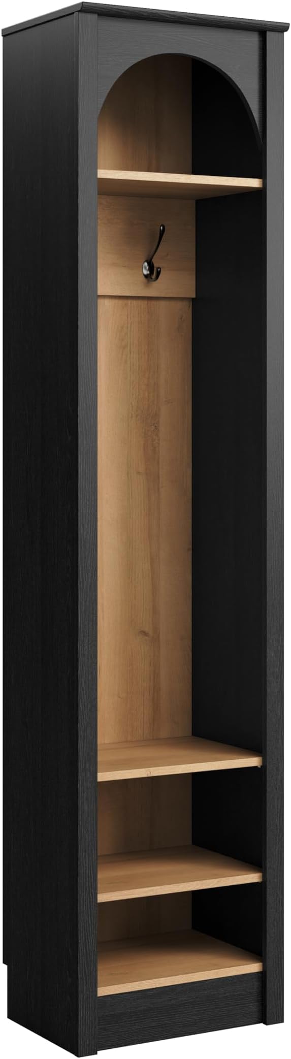 Prepac Ark 76" Tall Arched Entryway Coat Rack in Black Oak with Natural Oak Interior, Hall Tree with 2 Adjustable Shelves, Modern Furniture for Entryway and Living Room, 13.25" D x 18" W x 76" H