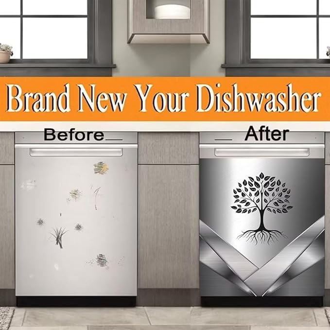 Dishwasher Magnetic Sticker Kitchen Decorative,Stainless Steel Design Tree Pattern Fridge Door Panels,Refrigerator Magnetic Cover,Front Panel Replacement Panel Cover 23W x 26H inchs