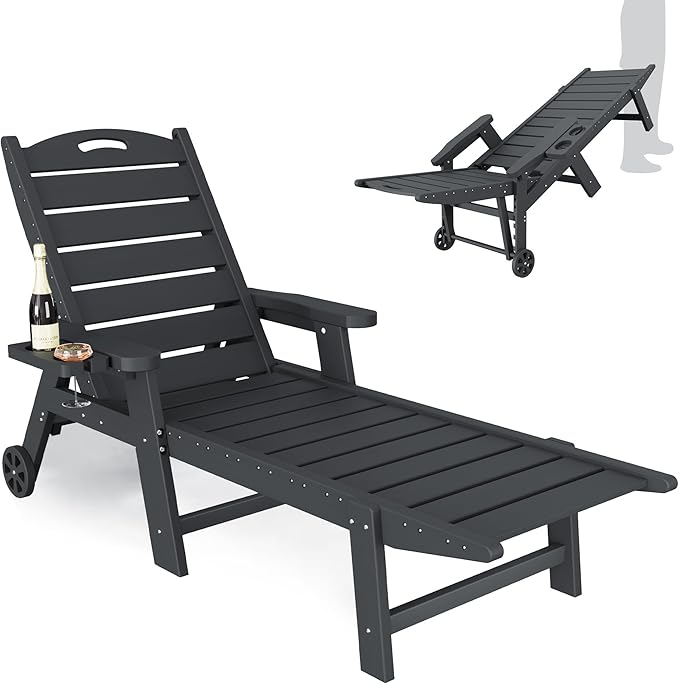 UDPATIO HDPE Outdoor Chaise Lounge Chair with Wheels Heavy-Duty Patio Recliner with Cup Holder, 5-Position Adjustable Backrest for Poolside, Beach, Garden, Deck or Indoor – Clear