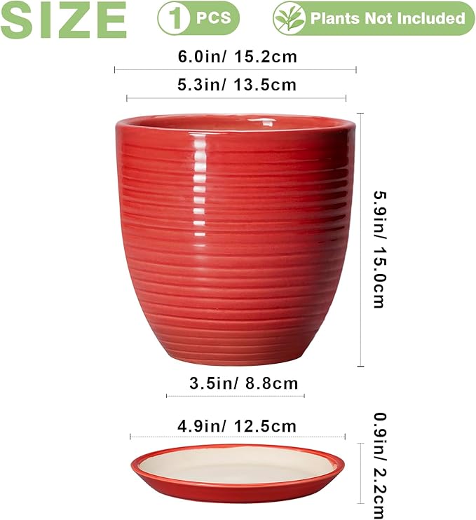 6 Inch Ceramic Plant Pot - Ceramic Pots for Plants, Round Planter with Drainage Hole and Saucer, Modern Flower Pots for Indoor Plants, Desk Home Office Decor, Plant Lover Gifts, Glossy Red