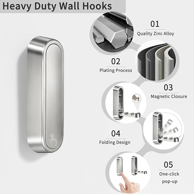 6PCS Foldable Wall Hooks, Zinc Alloy Flip Down Hooks, Retractable Wall Hooks