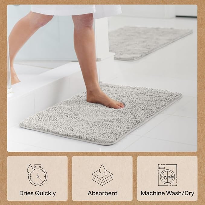 GORILLA GRIP Bath Rug Mat 60x24, Soft Absorbent Chenille, Quick Dry Microfiber Mats, Rubber Backing Washable Shower Floor Rugs, Bathmat Runner, US Designed Bathroom Home Decor Accessories Light Gray