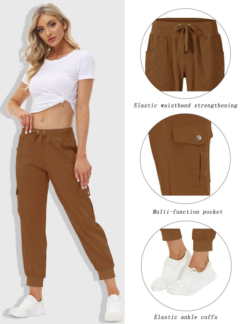 MoFiz Womens Lightweight Quick Dry Cargo Pants Outdoor Summer Travel Casual Sports Hiking Jogger Sweatpants Button Pockets Earthy Yellow 3XL