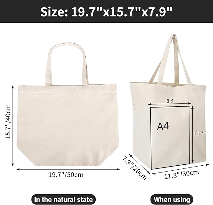 Segarty Canvas Tote Bag with Zipper, 6 PACK 19.7 x 15.7 inch Bags with Handles, 12 Oz Thick Reusable Plain Washable Grocery Shopping Totes for Teacher DIY Art Crafts Painting Decoration