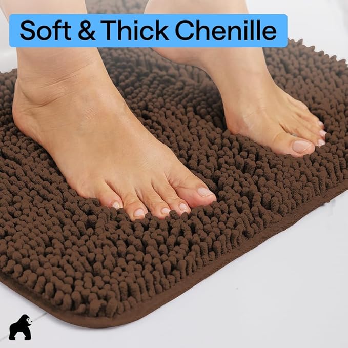 GORILLA GRIP Bath Rug Mat 48x24, Thick Soft Absorbent Chenille, Quick Dry Microfiber Mats, Rubber Backing Washable Shower Floor Rugs, Bathmat Runner, US Designed Bathroom Home Decor Accessories Brown