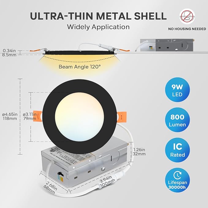 LVWIT 12 Pack 4 Inch LED Recessed Ceiling Light with Junction Box, 9W 5CCT Ultra-Thin Dimmable Can Lights, High Brightness, Canless Wafer Downlight for Kitchen Hallway Dining Room, ETL&FCC