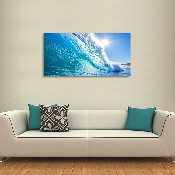 Haichuang Decor Art Ocean Wave Canvas Wall Art, 40x20 Inches Framed Turquoise Sea Wave Wall Decor, Wood Frame Waterproof HD Giclee Print, Ready to Hang Coastal Artwork for Living Room Bathroom Office