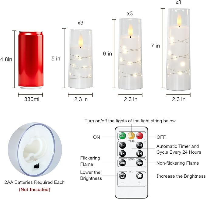 Raycare Flameless Candle with Remote Timer – 9 Flickering Acrylic Battery Operated LED Pillar Candles with Embedded Star String for Christmas, Home Decor, and as a Gift (White)