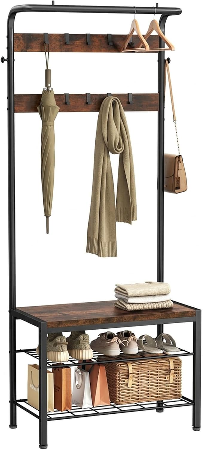 DUMOS Hall Tree with Shoe Bench and Coat Rack, Entryway Bench with Shoe Storage and Hooks, 4-in-1 Coat and Shoe Rack for Entryway, Mudroom Storage Organizer with Shelves, Brown