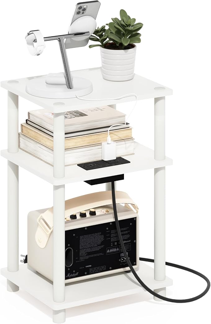 Furinno JUST Side Table, 3-Tier Modern End Table with Charging Station, Easy Assembly Night Stand, Bedside Table with USB and Type-C Port, for Living Room, Bedroom, White