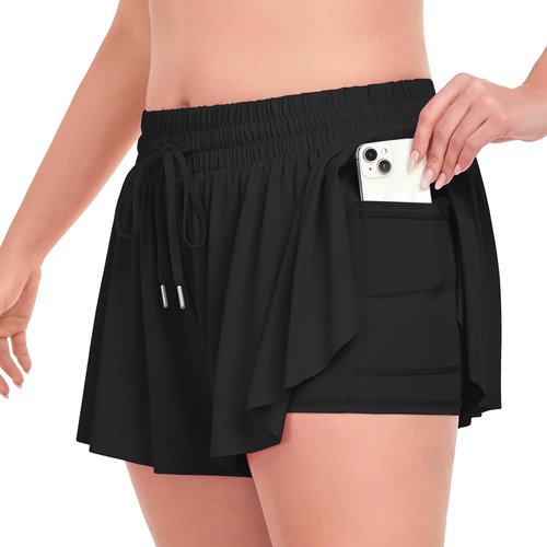 COOTRY Plus Size Flowy Athletic Shorts - 2 in 1 High Waist Butterfly Design for Summer Workouts
