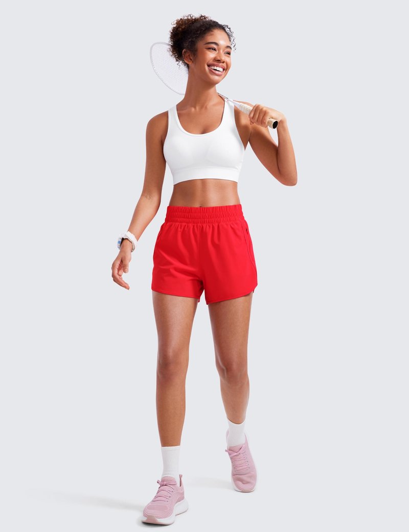 CRZ YOGA Womens High Waisted Running Shorts Mesh Liner 3'' Dolphin Quick Dry for Athletic Gym Track Workout with Zip Pocket Deep Red Large