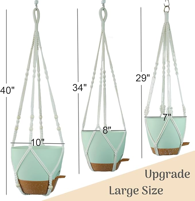 Bouqlife Larege Hanging Planters with Macrame Plant Hangers for Indoor Outdoor Plants 3 Set 10" / 8" / 7" Self Watering Pots Hanging Baskets Flower Pot Holders 3 Different Size Green Large