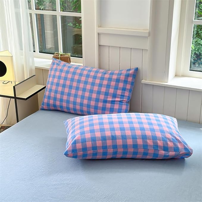 FACE TWO FACE Bedding Duvet Cover Set100% Washed Cotton Duvet Cover Linen Like Textured Breathable Durable Soft Comfy (Queen, Blue Purple Grid)