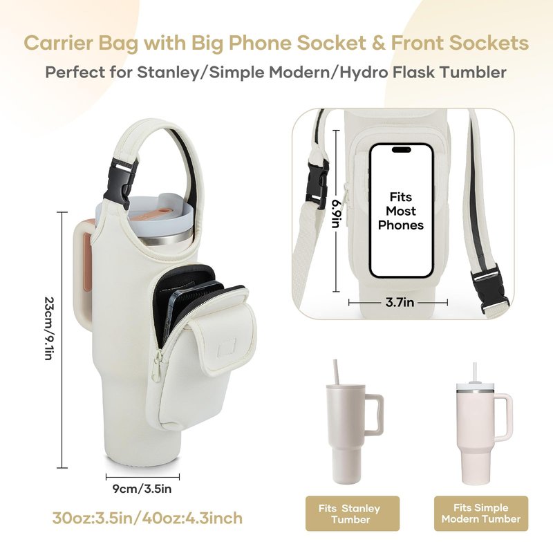 Bufilea Carrier Bag with Phone Holder Pockets for Stanley 40/30oz Tumbler with Handle, Insulated Neoprene Crossbody Bag Cup Holder w/Shoulder & Handheld Straps Fits Stanley Cup Accessories