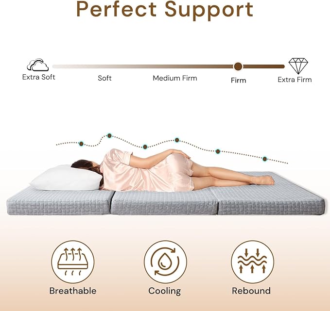 Foldable Mattress, 4 Inch Memory Foam Guest Floor Mat, Tri Folding Portable Mattress for Kids and Adults, Washable Cover, Non-Slip Design, Twin Grey (Size: 38" L x 74" W x 4" Th)