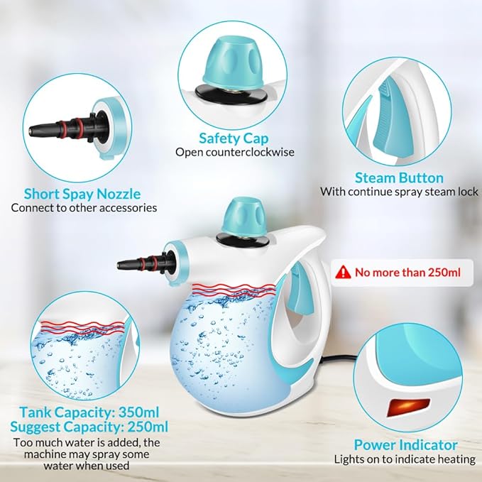 Handheld Pressurized Steam Cleaner with 12 pcs Accessories, Portable Steamer for Cleaning, Steam Cleaner for Home Use, Steamer for Cleaning Car, Furniture, Floor, Upholstery, Grout and Tile, Blue